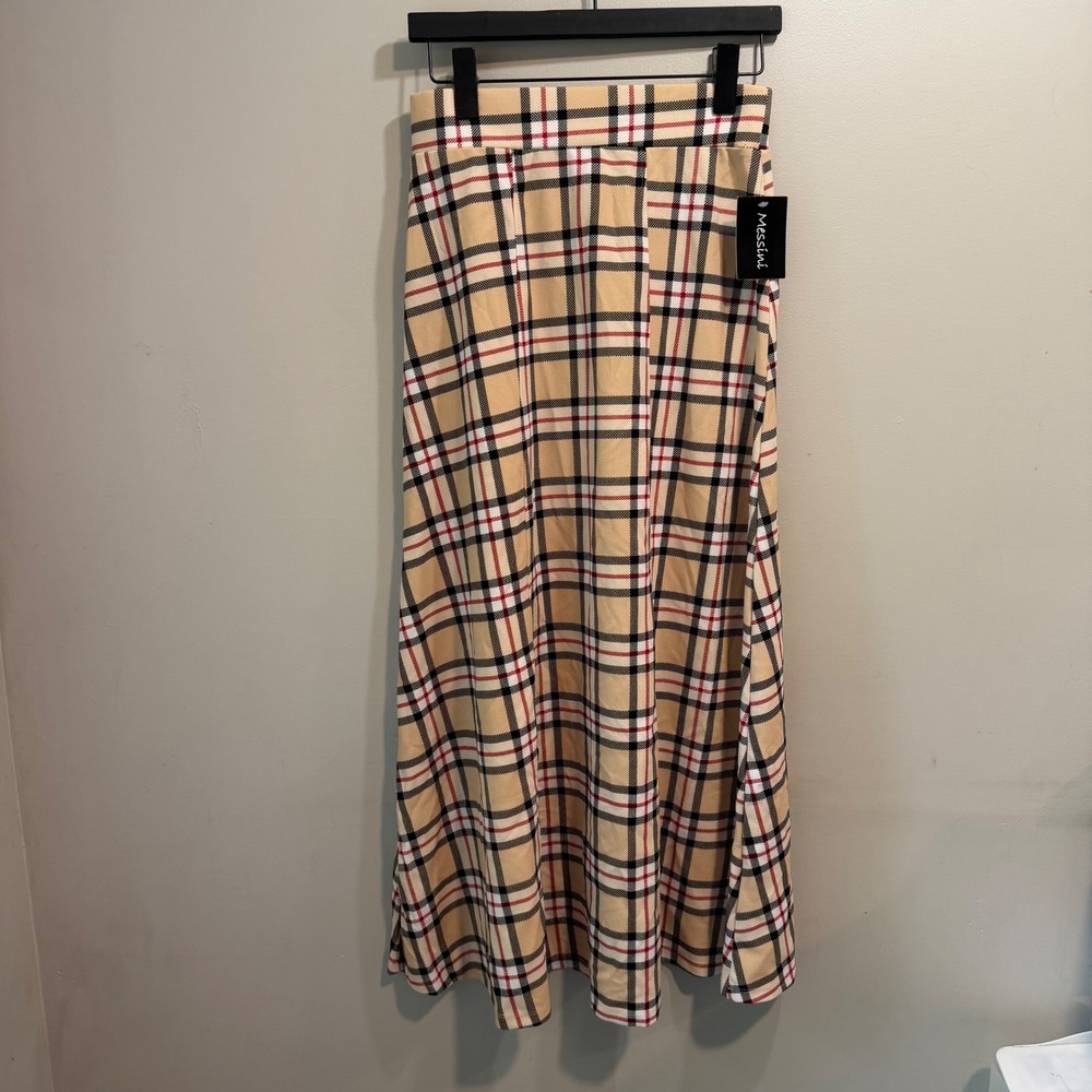 Messini Tan Plaid Maxi Skirt Womens Small Style 1110P Long Stretch Pull On NWT